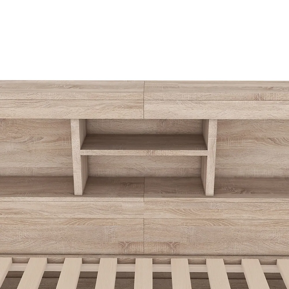 Lit gigogne 140x200 cm double avec tiroir coulissant, LED télécommandée, ports USB, prise électrique et rangement - bois naturel>Okwish New