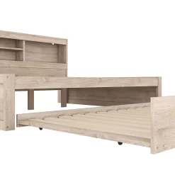 Lit gigogne 140x200 cm double avec tiroir coulissant, LED télécommandée, ports USB, prise électrique et rangement - bois naturel><noscript><img width=