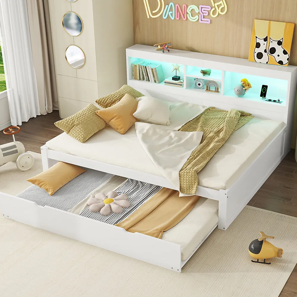 Lit gigogne 140x200 cm double avec tiroir coulissant, LED télécommandée, ports USB, prise électrique et rangement - blanc>Okwish New
