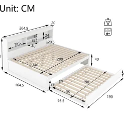 Lit gigogne 140x200 cm double avec tiroir coulissant, LED télécommandée, ports USB, prise électrique et rangement - blanc><noscript><img width=
