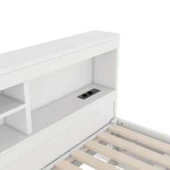 Lit gigogne 140x200 cm double avec tiroir coulissant, LED télécommandée, ports USB, prise électrique et rangement - blanc><noscript><img width=