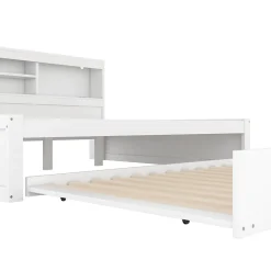 Lit gigogne 140x200 cm double avec tiroir coulissant, LED télécommandée, ports USB, prise électrique et rangement - blanc><noscript><img width=