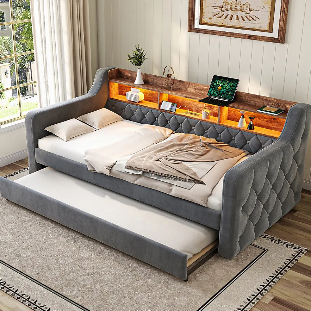 Lit Gigogne 90x190 cm Gris avec Rangement Intégré, LED et Port USB, Tissu Velours>Okwish Best