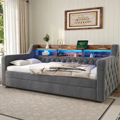 Lit Gigogne 90x190 cm Gris avec Rangement Intégré, LED et Port USB, Tissu Velours>Okwish Best