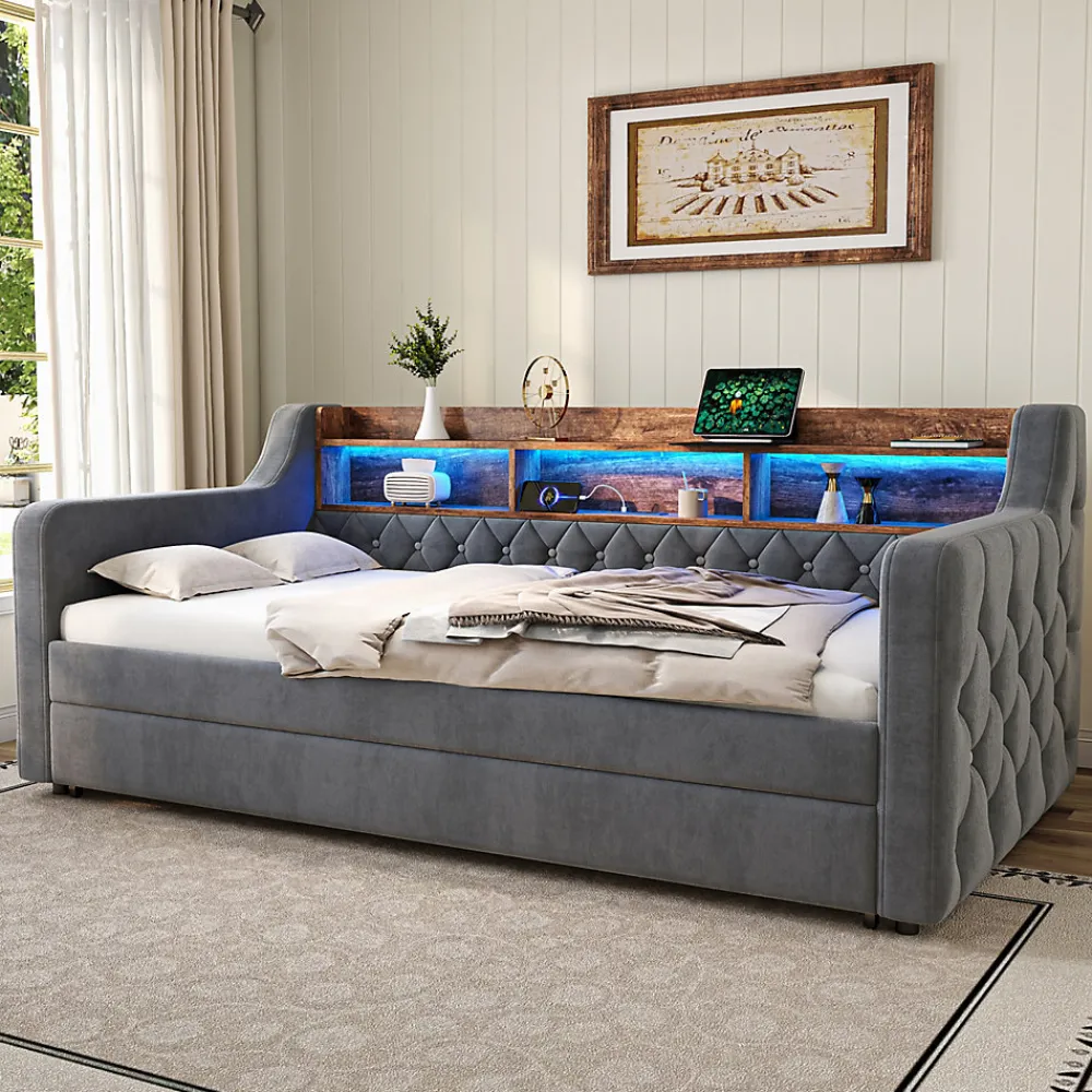 Lit Gigogne 90x190 cm Gris avec Rangement Intégré, LED et Port USB, Tissu Velours>Okwish Best
