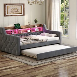 Lit Gigogne 90x190 cm Gris avec Rangement Intégré, LED et Port USB, Tissu Velours><noscript><img width=