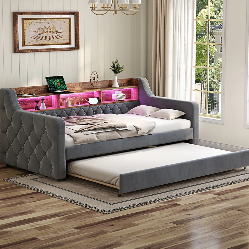 Lit Gigogne 90x190 cm Gris avec Rangement Intégré, LED et Port USB, Tissu Velours>Okwish Best