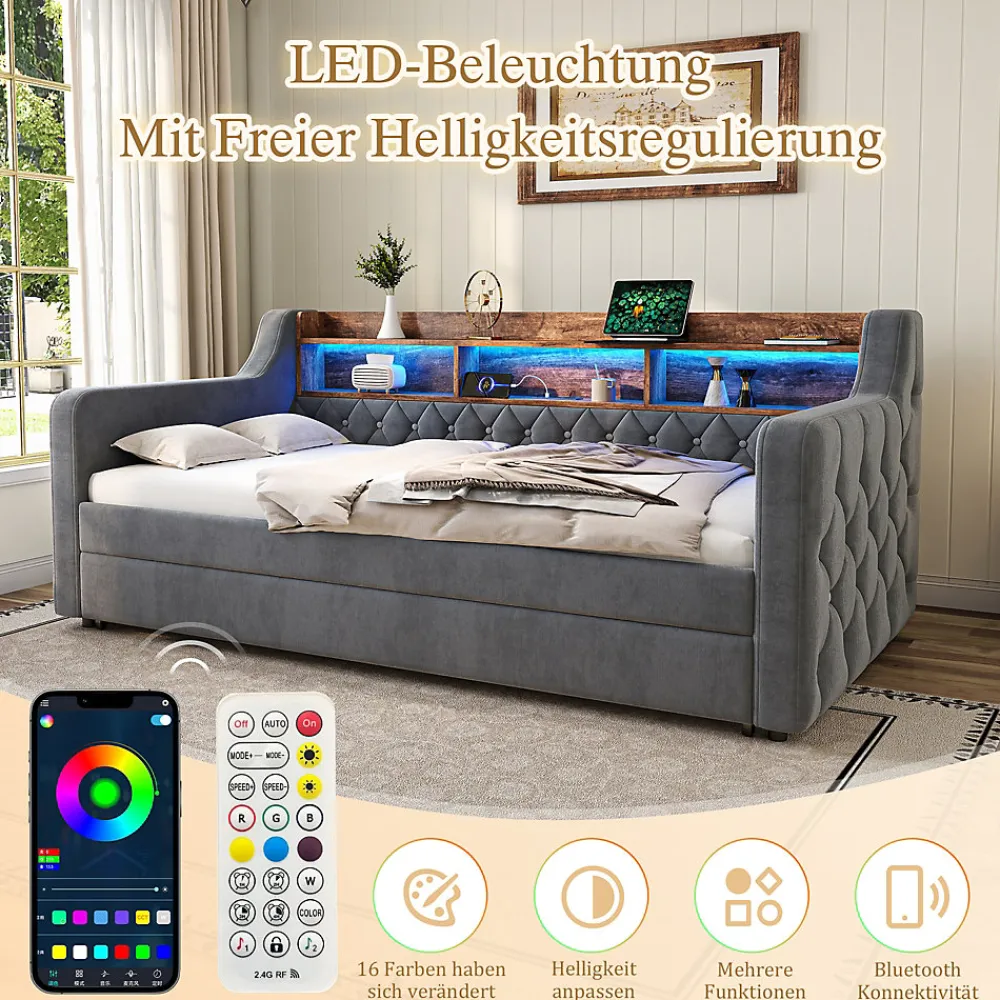 Lit Gigogne 90x190 cm Gris avec Rangement Intégré, LED et Port USB, Tissu Velours>Okwish Best