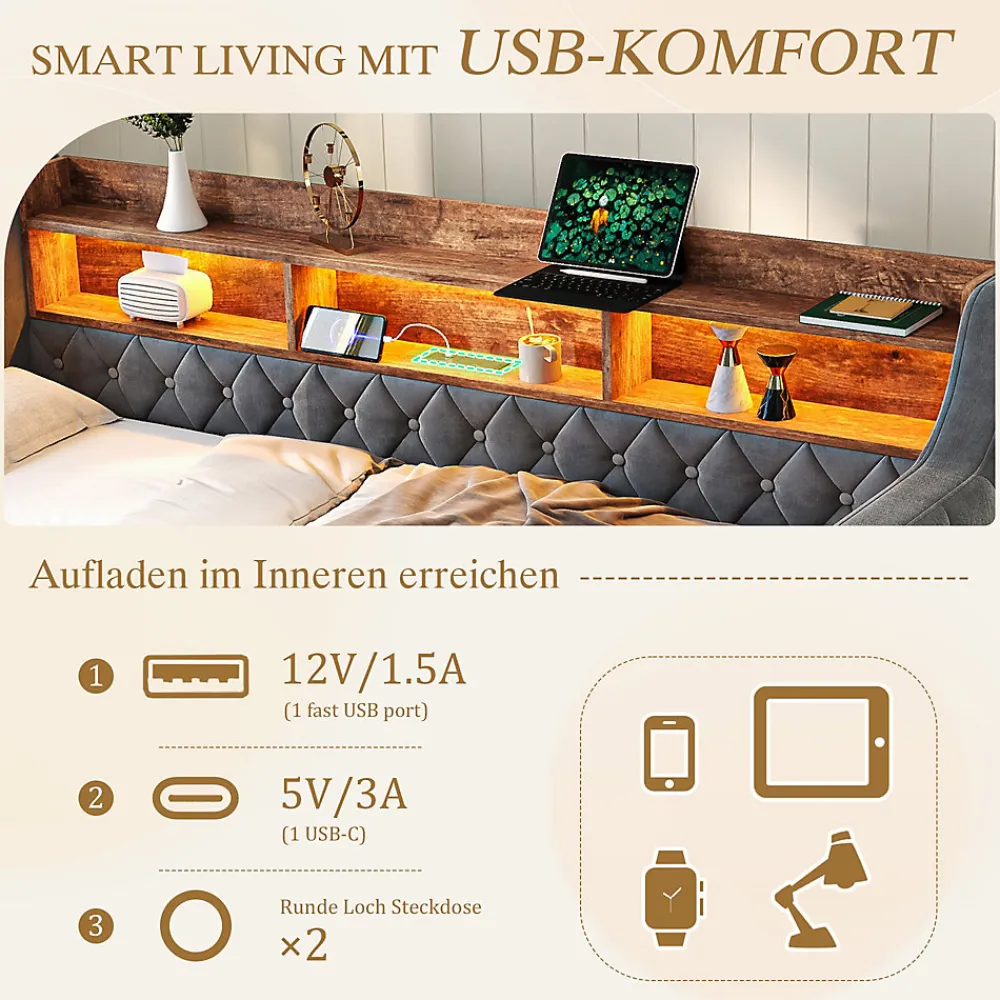 Lit Gigogne 90x190 cm Gris avec Rangement Intégré, LED et Port USB, Tissu Velours>Okwish Best