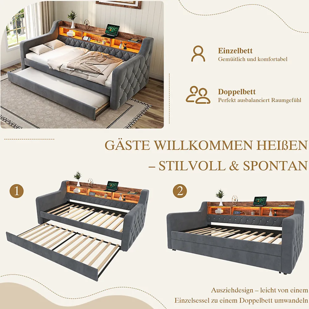 Lit Gigogne 90x190 cm Gris avec Rangement Intégré, LED et Port USB, Tissu Velours>Okwish Best