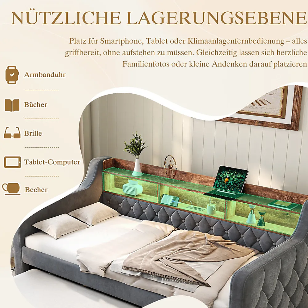 Lit Gigogne 90x190 cm Gris avec Rangement Intégré, LED et Port USB, Tissu Velours>Okwish Best