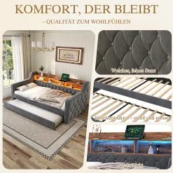 Lit Gigogne 90x190 cm Gris avec Rangement Intégré, LED et Port USB, Tissu Velours><noscript><img width=