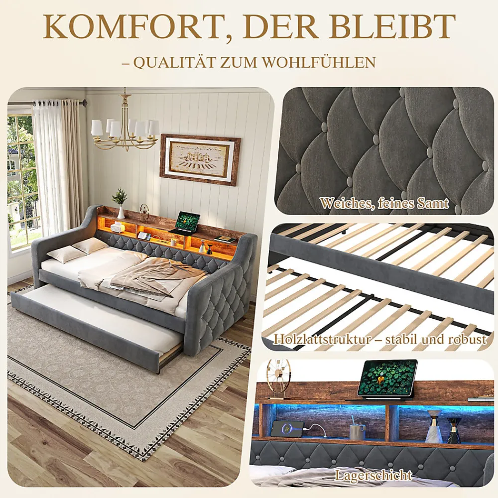 Lit Gigogne 90x190 cm Gris avec Rangement Intégré, LED et Port USB, Tissu Velours>Okwish Best