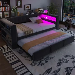 Okwish Lit Gigogne 90/180x190 cm, LED et Prise Électrique - Lit Simple avec Bureau Escamotable et Rangement - Gris Foncé - Sans Matelas* Lit Gigogne