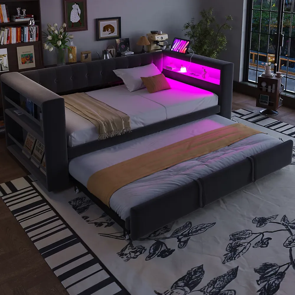 Okwish Lit Gigogne 90/180x190 cm, LED et Prise Électrique - Lit Simple avec Bureau Escamotable et Rangement - Gris Foncé - Sans Matelas* Lit Gigogne