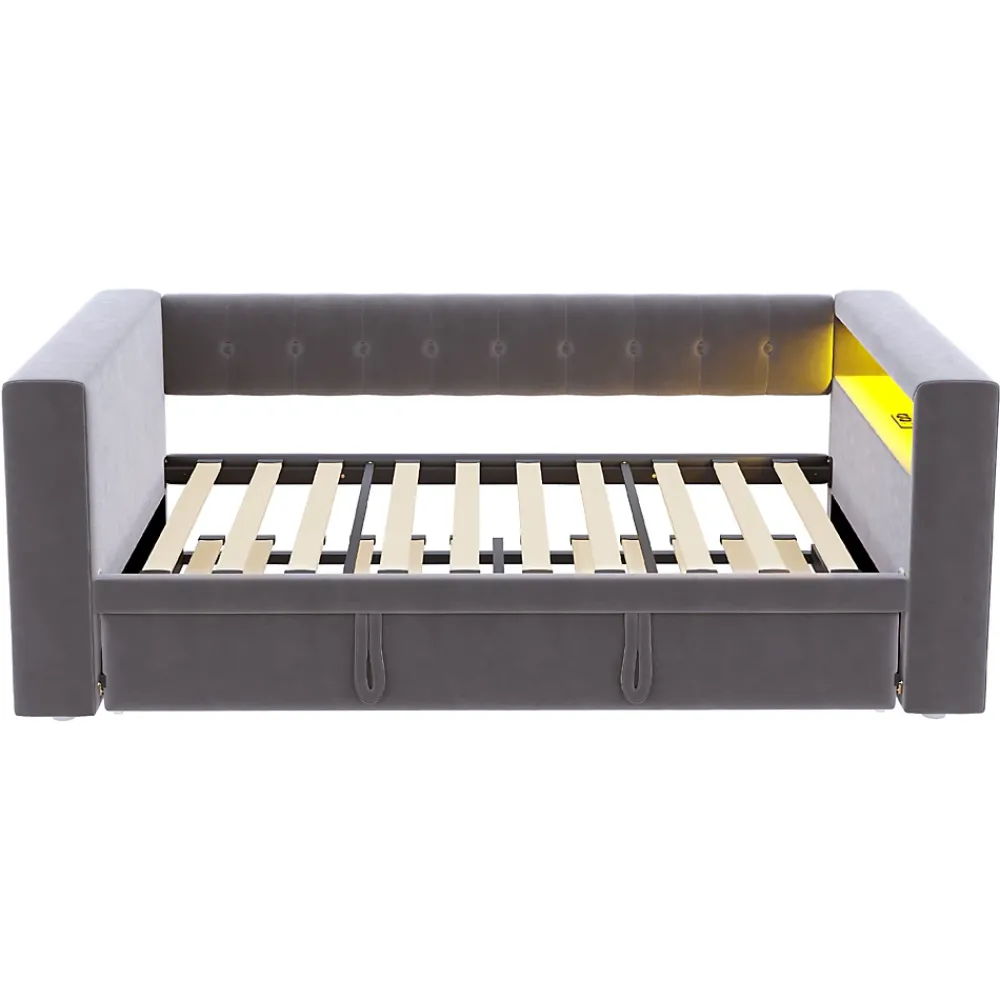 Okwish Lit Gigogne 90/180x190 cm, LED et Prise Électrique - Lit Simple avec Bureau Escamotable et Rangement - Gris Foncé - Sans Matelas* Lit Gigogne
