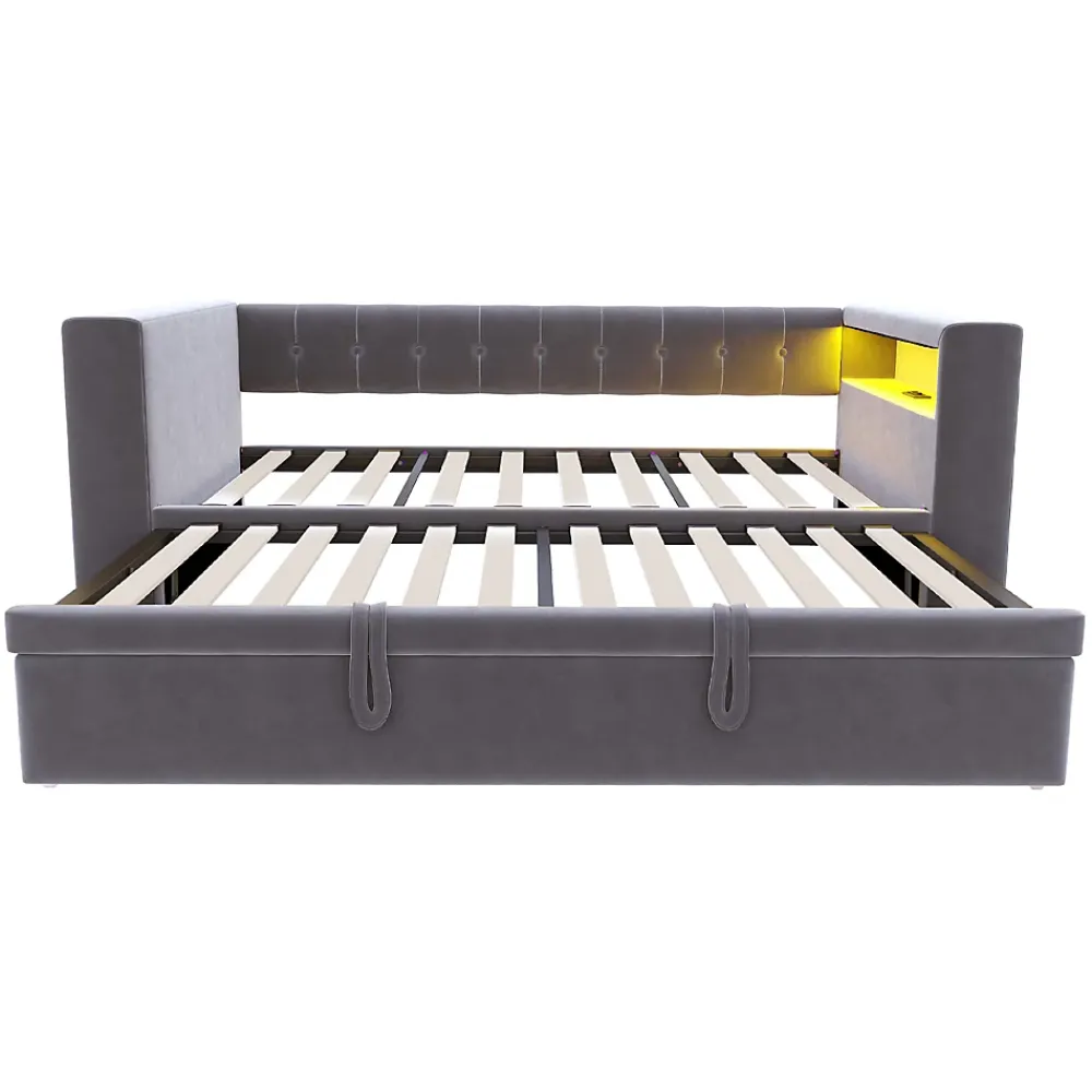 Okwish Lit Gigogne 90/180x190 cm, LED et Prise Électrique - Lit Simple avec Bureau Escamotable et Rangement - Gris Foncé - Sans Matelas* Lit Gigogne