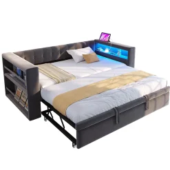 Okwish Lit Gigogne 90/180x190 cm, LED et Prise Électrique - Lit Simple avec Bureau Escamotable et Rangement - Gris Foncé - Sans Matelas* Lit Gigogne