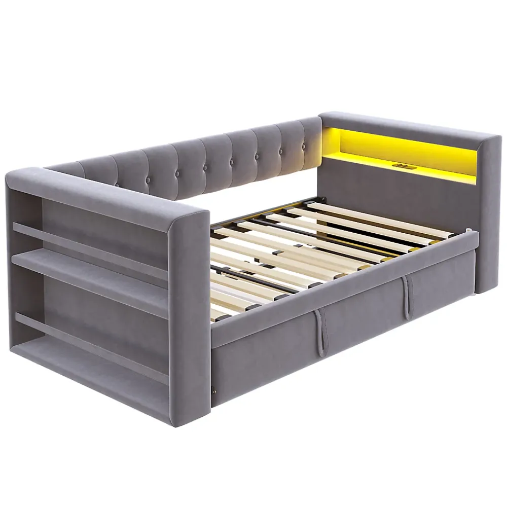 Okwish Lit Gigogne 90/180x190 cm, LED et Prise Électrique - Lit Simple avec Bureau Escamotable et Rangement - Gris Foncé - Sans Matelas* Lit Gigogne