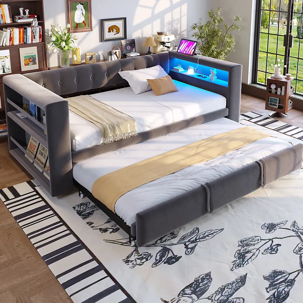 Okwish Lit Gigogne 90/180x190 cm, LED et Prise Électrique - Lit Simple avec Bureau Escamotable et Rangement - Gris Foncé - Sans Matelas* Lit Gigogne
