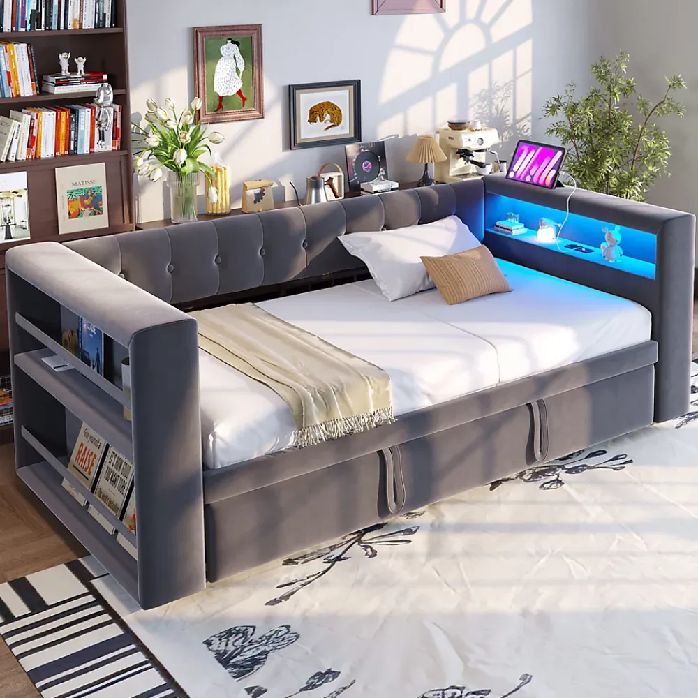 Okwish Lit Gigogne 90/180x190 cm, LED et Prise Électrique - Lit Simple avec Bureau Escamotable et Rangement - Gris Foncé - Sans Matelas* Lit Gigogne