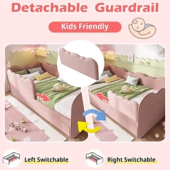 Okwish Lit Gigogne 90x190 cm, Lit Enfant Banquette avec Lit Tiroir et Sommier à Lattes, Design Moderne, Revêtement Velours Rose* Lit Gigogne