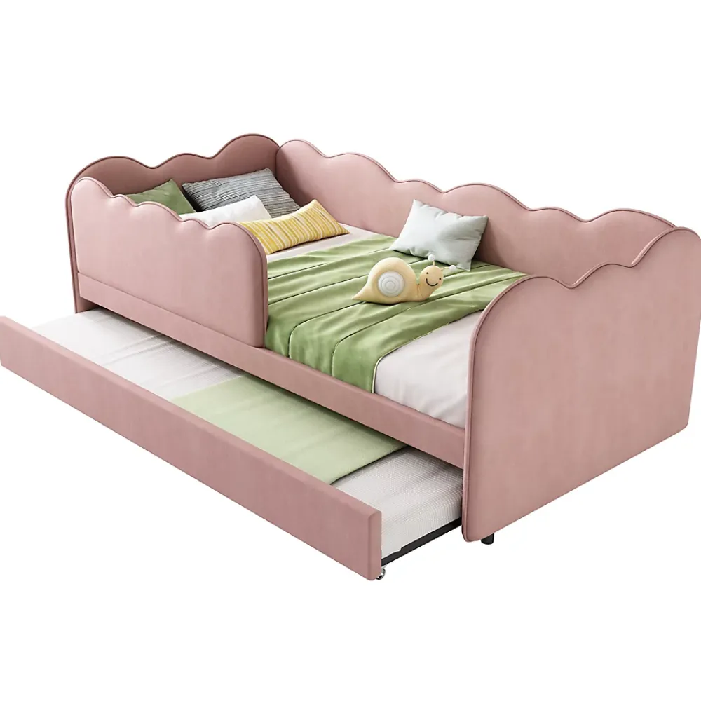 Okwish Lit Gigogne 90x190 cm, Lit Enfant Banquette avec Lit Tiroir et Sommier à Lattes, Design Moderne, Revêtement Velours Rose* Lit Gigogne