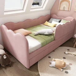 Okwish Lit Gigogne 90x190 cm, Lit Enfant Banquette avec Lit Tiroir et Sommier à Lattes, Design Moderne, Revêtement Velours Rose* Lit Gigogne