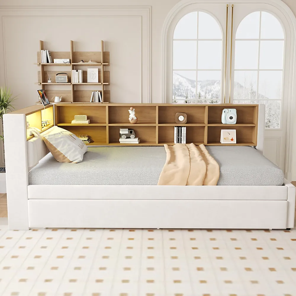 Lit Gigogne 90x200 cm, Lit Simple avec LED et Rangement Coulissant, Pratique pour Chambre enfant ou Ado - Sans Matelas - Beige>Okwish Discount