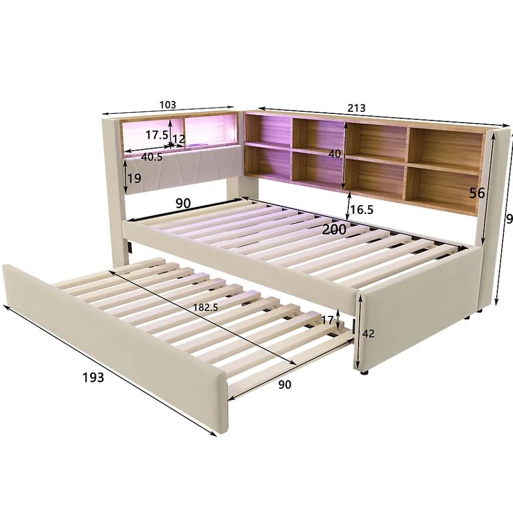 Lit Gigogne 90x200 cm, Lit Simple avec LED et Rangement Coulissant, Pratique pour Chambre enfant ou Ado - Sans Matelas - Beige>Okwish Discount
