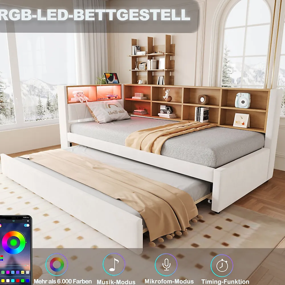 Lit Gigogne 90x200 cm, Lit Simple avec LED et Rangement Coulissant, Pratique pour Chambre enfant ou Ado - Sans Matelas - Beige>Okwish Discount