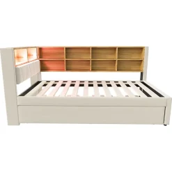 Lit Gigogne 90x200 cm, Lit Simple avec LED et Rangement Coulissant, Pratique pour Chambre enfant ou Ado - Sans Matelas - Beige><noscript><img width=