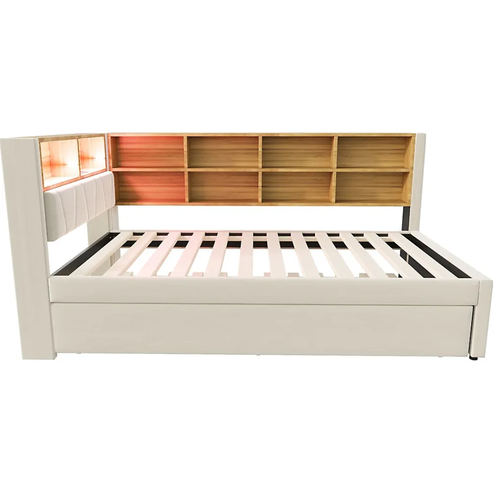 Lit Gigogne 90x200 cm, Lit Simple avec LED et Rangement Coulissant, Pratique pour Chambre enfant ou Ado - Sans Matelas - Beige>Okwish Discount