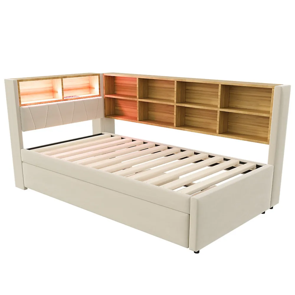 Lit Gigogne 90x200 cm, Lit Simple avec LED et Rangement Coulissant, Pratique pour Chambre enfant ou Ado - Sans Matelas - Beige>Okwish Discount