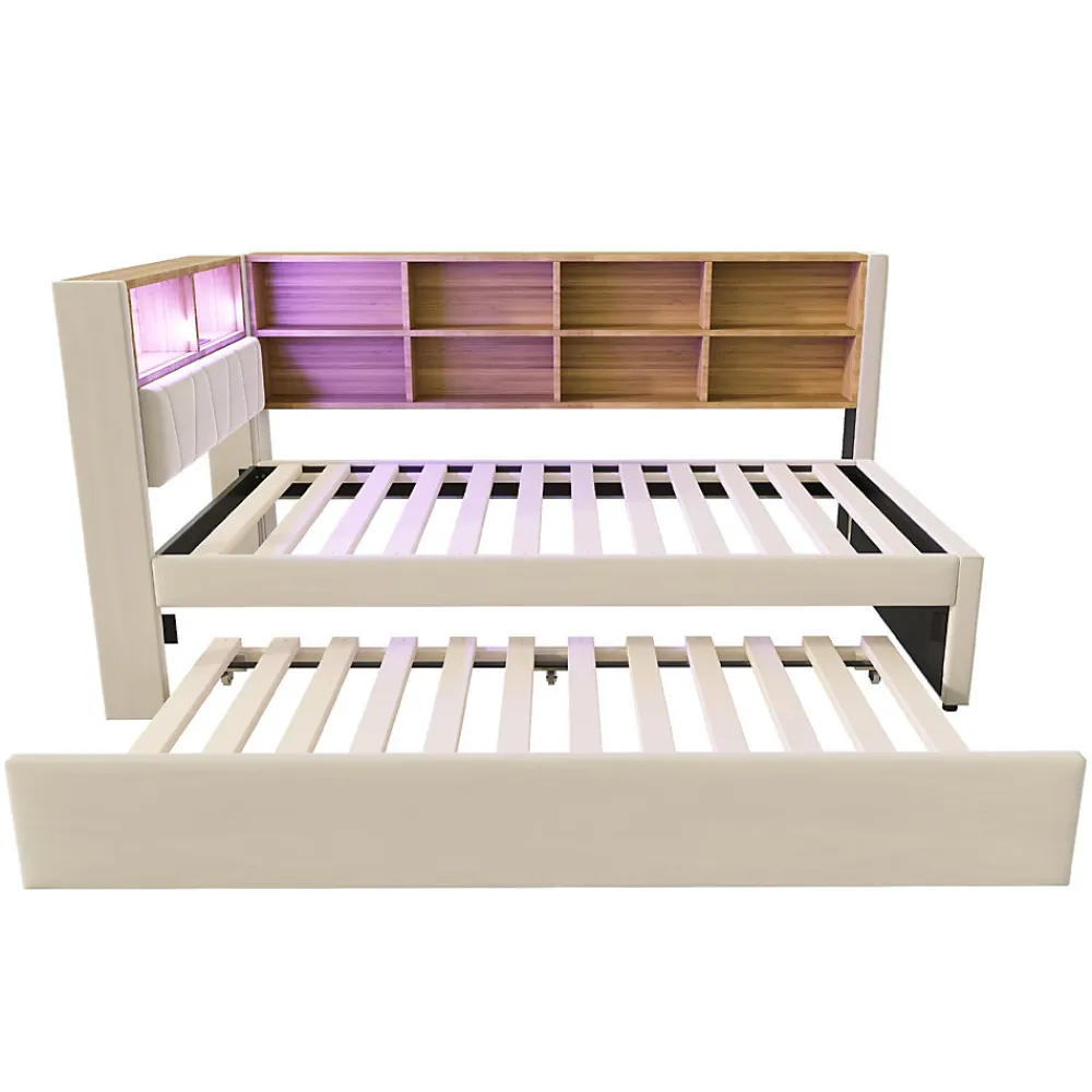 Lit Gigogne 90x200 cm, Lit Simple avec LED et Rangement Coulissant, Pratique pour Chambre enfant ou Ado - Sans Matelas - Beige>Okwish Discount