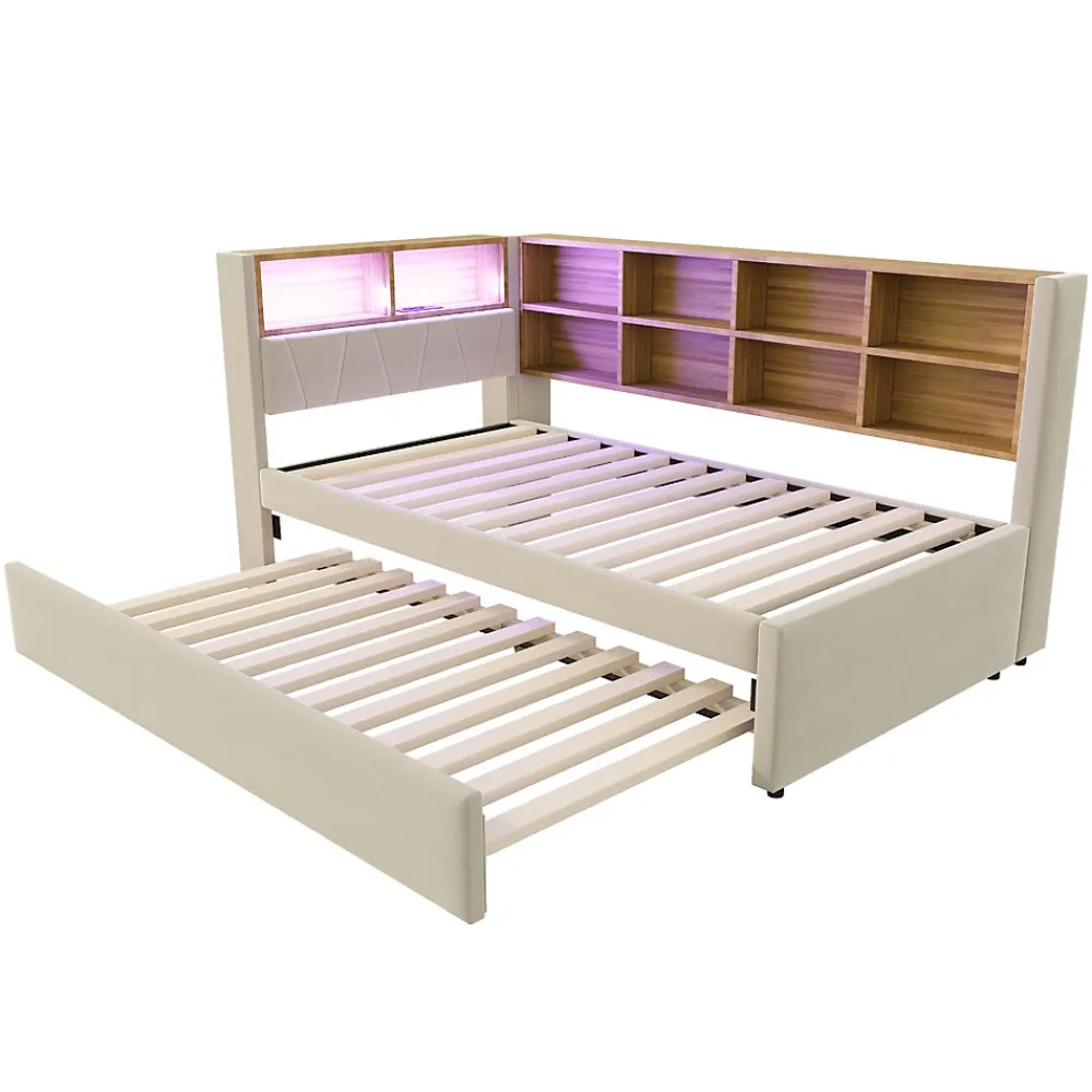 Lit Gigogne 90x200 cm, Lit Simple avec LED et Rangement Coulissant, Pratique pour Chambre enfant ou Ado - Sans Matelas - Beige>Okwish Discount