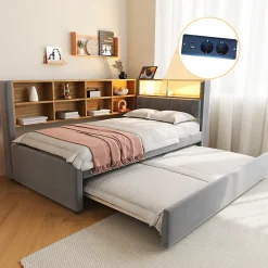 Lit Gigogne 90x200 cm, Lit Simple enfant avec Port USB et Rangements Intégrés - Tissu Gris Foncé - Sans Matelas>Okwish New