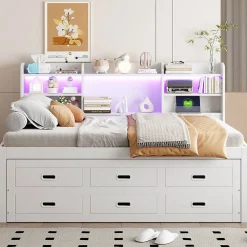 Lit Gigogne 140x200 cm, Lit Tiroir et 3 Tiroirs Multifonction avec LED Télécommande et Ports USB Type-C - Blanc, Sans Matelas><noscript><img width=