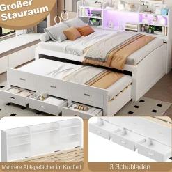 Lit Gigogne 140x200 cm, Lit Tiroir et 3 Tiroirs Multifonction avec LED Télécommande et Ports USB Type-C - Blanc, Sans Matelas><noscript><img width=