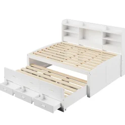 Lit Gigogne 140x200 cm, Lit Tiroir et 3 Tiroirs Multifonction avec LED Télécommande et Ports USB Type-C - Blanc, Sans Matelas><noscript><img width=