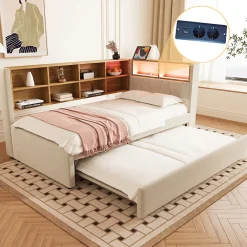 Lit Gigogne 90x200 cm pour enfant ou Ado, Lit 90x190 cm avec Port USB et Rangements Intégrés - Tissu Beige - Sans Matelas>Generique Outlet