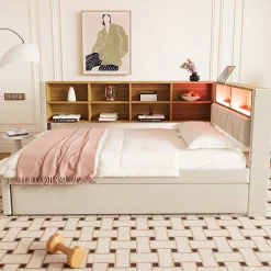 Lit Gigogne 90x200 cm pour enfant ou Ado, Lit 90x190 cm avec Port USB et Rangements Intégrés - Tissu Beige - Sans Matelas><noscript><img width=