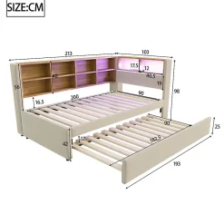 Lit Gigogne 90x200 cm pour enfant ou Ado, Lit 90x190 cm avec Port USB et Rangements Intégrés - Tissu Beige - Sans Matelas><noscript><img width=