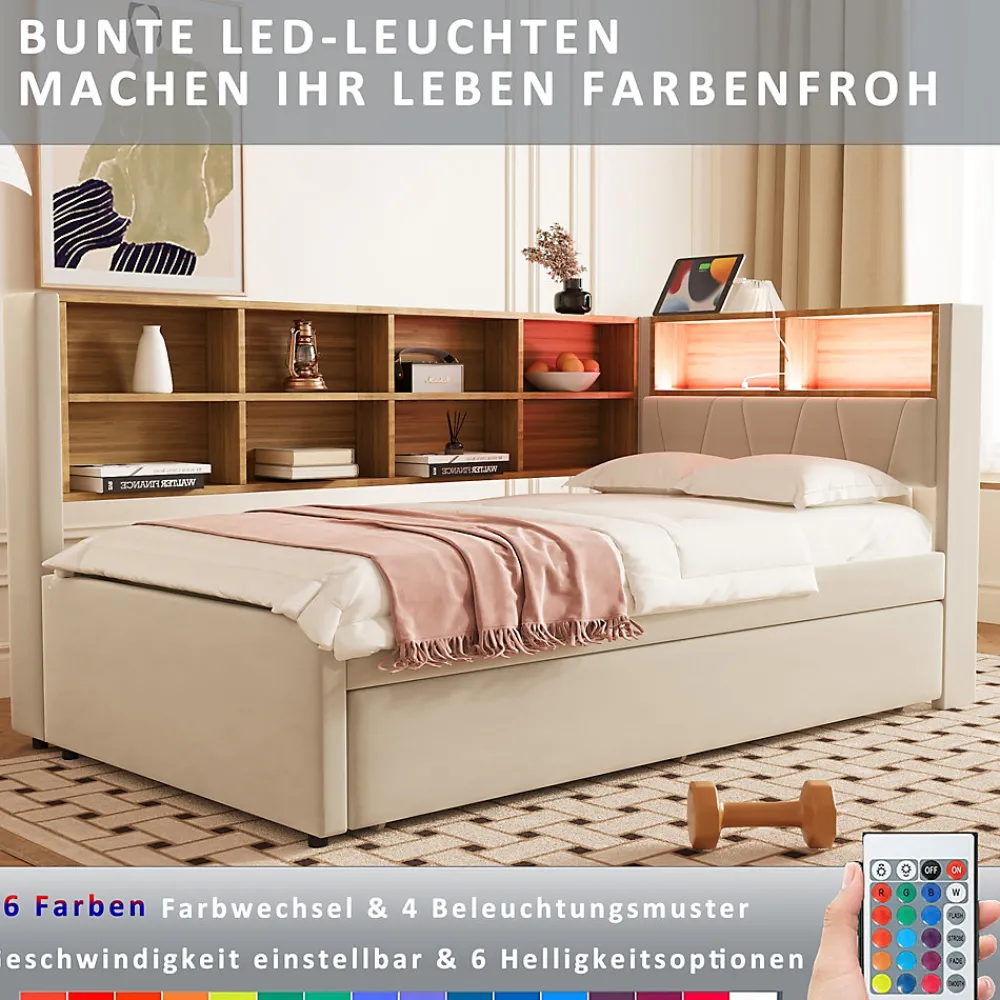 Lit Gigogne 90x200 cm pour enfant ou Ado, Lit 90x190 cm avec Port USB et Rangements Intégrés - Tissu Beige - Sans Matelas>Generique Outlet