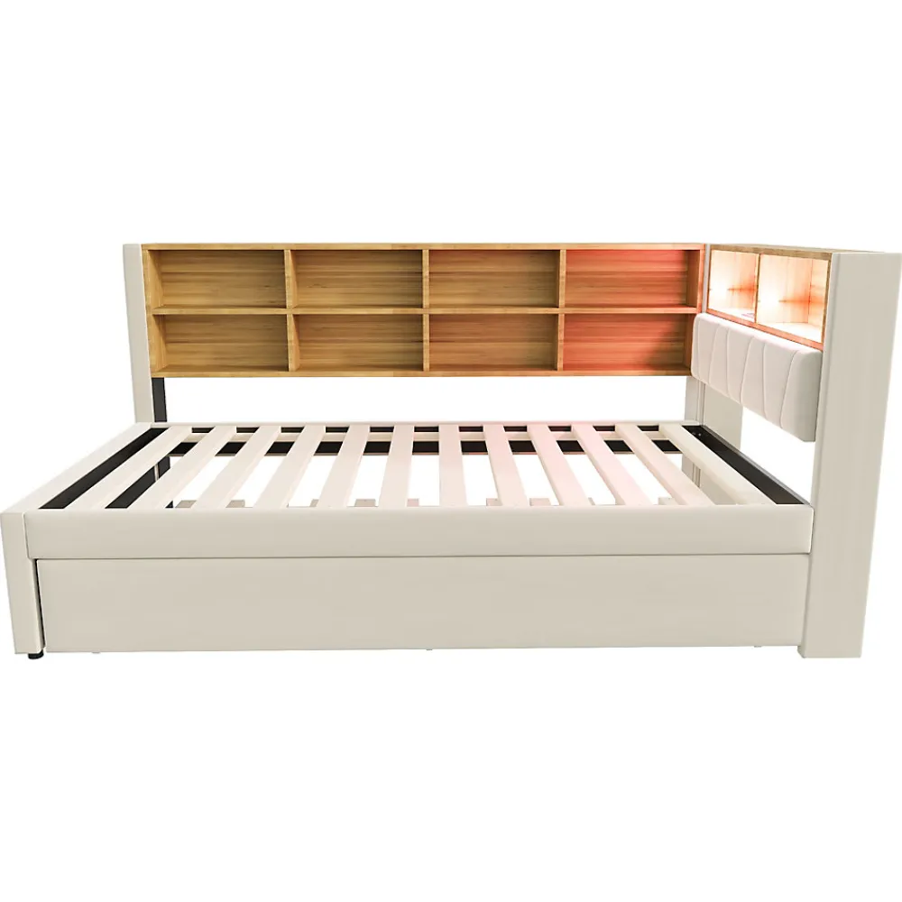 Lit Gigogne 90x200 cm pour enfant ou Ado, Lit 90x190 cm avec Port USB et Rangements Intégrés - Tissu Beige - Sans Matelas>Generique Outlet