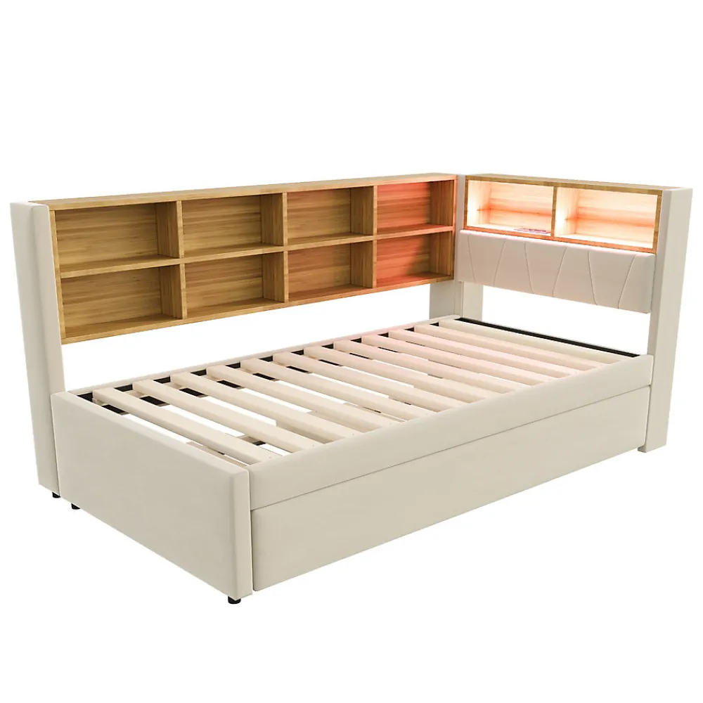 Lit Gigogne 90x200 cm pour enfant ou Ado, Lit 90x190 cm avec Port USB et Rangements Intégrés - Tissu Beige - Sans Matelas>Generique Outlet