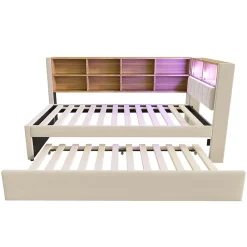 Lit Gigogne 90x200 cm pour enfant ou Ado, Lit 90x190 cm avec Port USB et Rangements Intégrés - Tissu Beige - Sans Matelas><noscript><img width=