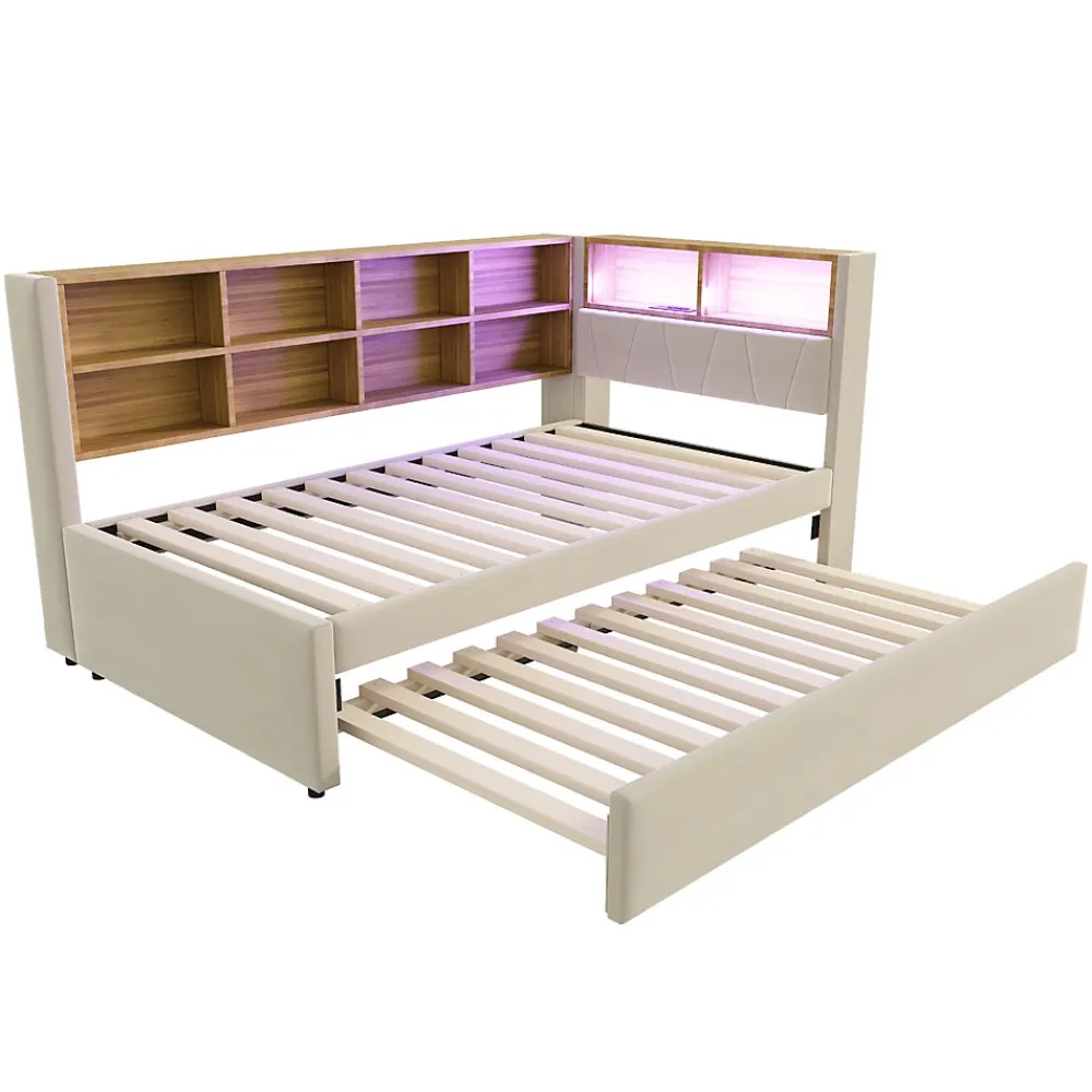 Lit Gigogne 90x200 cm pour enfant ou Ado, Lit 90x190 cm avec Port USB et Rangements Intégrés - Tissu Beige - Sans Matelas>Generique Outlet