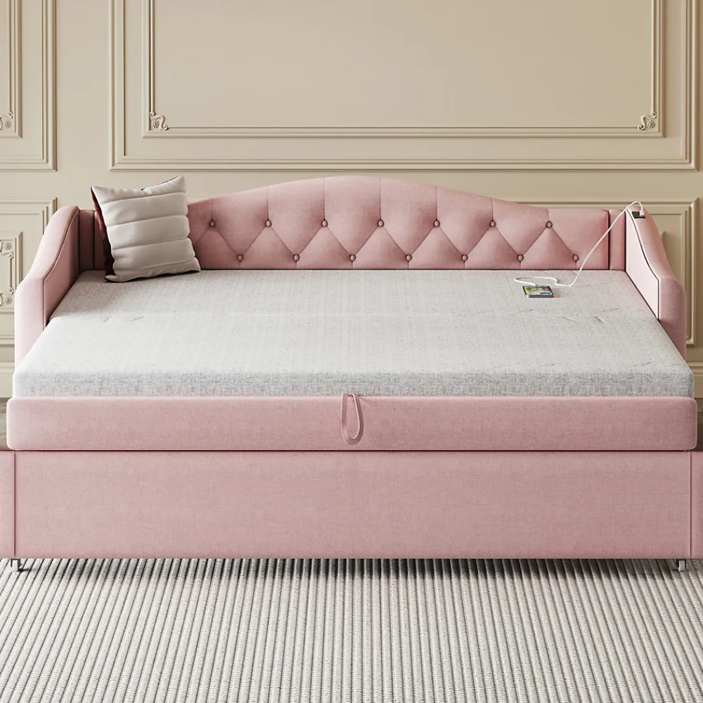 Lit Gigogne 90x200 cm, Tissu Lin Rose, Canapé Classique avec Boutons Décoratifs, Lit d'Appoint Multifonction - Sans Matelas>Okwish