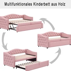 Lit Gigogne 90x200 cm, Tissu Lin Rose, Canapé Classique avec Boutons Décoratifs, Lit d'Appoint Multifonction - Sans Matelas><noscript><img width=